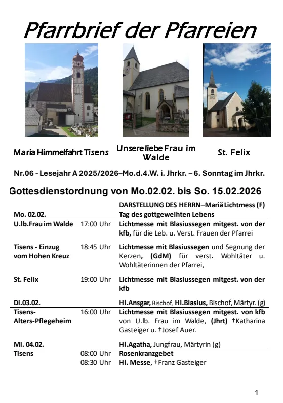 Lettera parrocchiale 02.02. - 15.02.2026