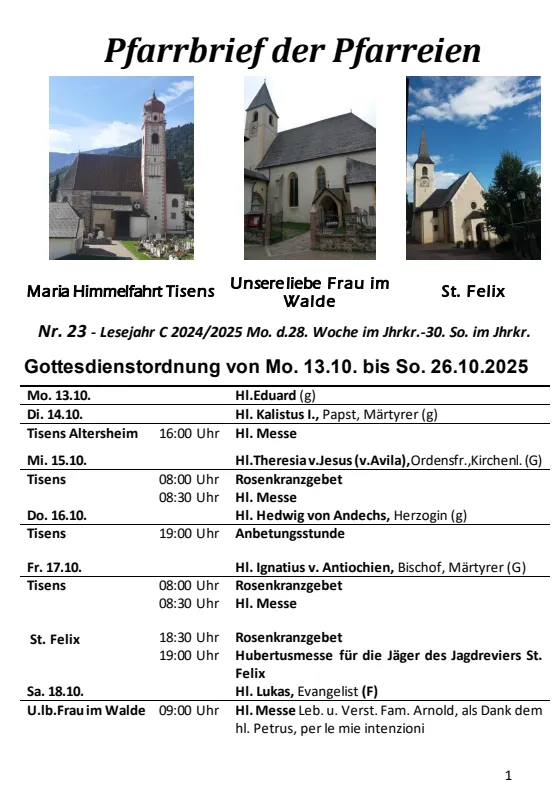 Lettera parrocchiale 13.10 - 26.10.2025 Lettera parrocchiale 13.10 - 26.10.2025